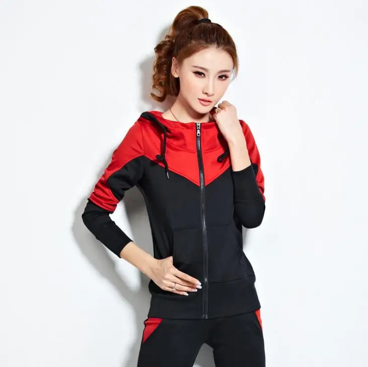

New Solid Hooded Full Sleeve Long Pant Two Pieces Set Lady Clothing Camping Running Sports Wear Women Trainning & Exercise Set