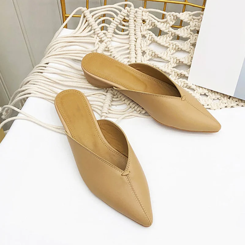 

2019 Summer Women Mules Fashion Flat Slippers For Female Solid PU Leather Pointed Toe Casual Comfort Slip On Ladies Footwear