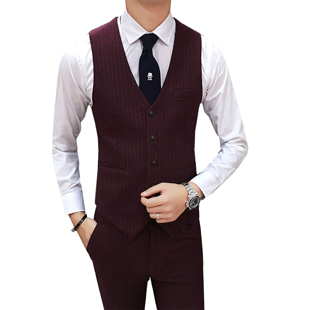 

Hot Men Suit Vest Fashion Autumn New Groom Wedding Banquet Dress Vests Male Striped Sleeveless Casual Business Waistcoat