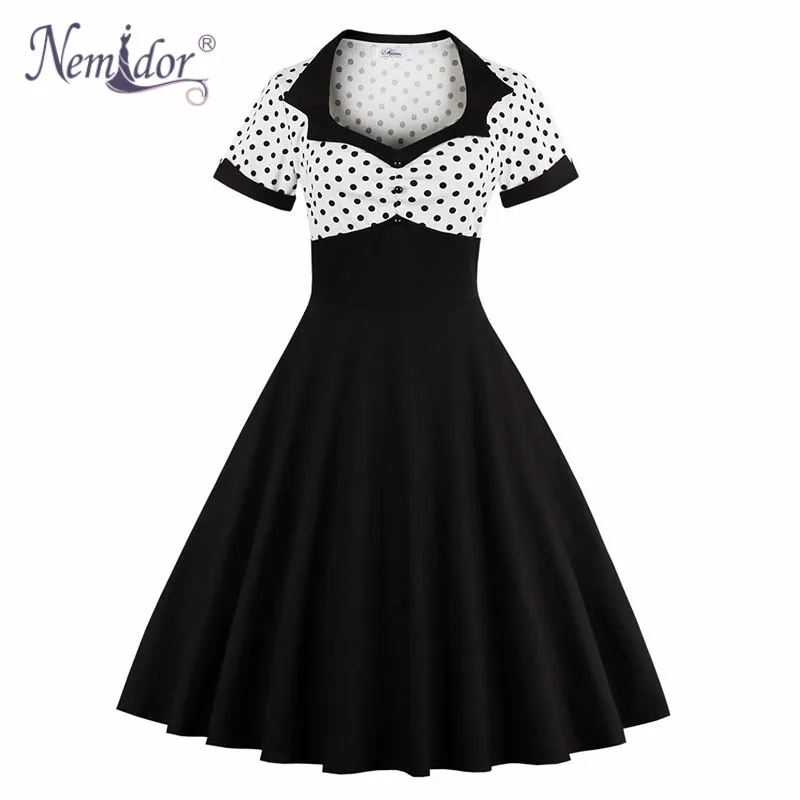 

Nemidor Women Elegant Short Sleeve Midi A-line Swing Dress Patchwork Dot Plus Size Party Retro Rockabilly Dress