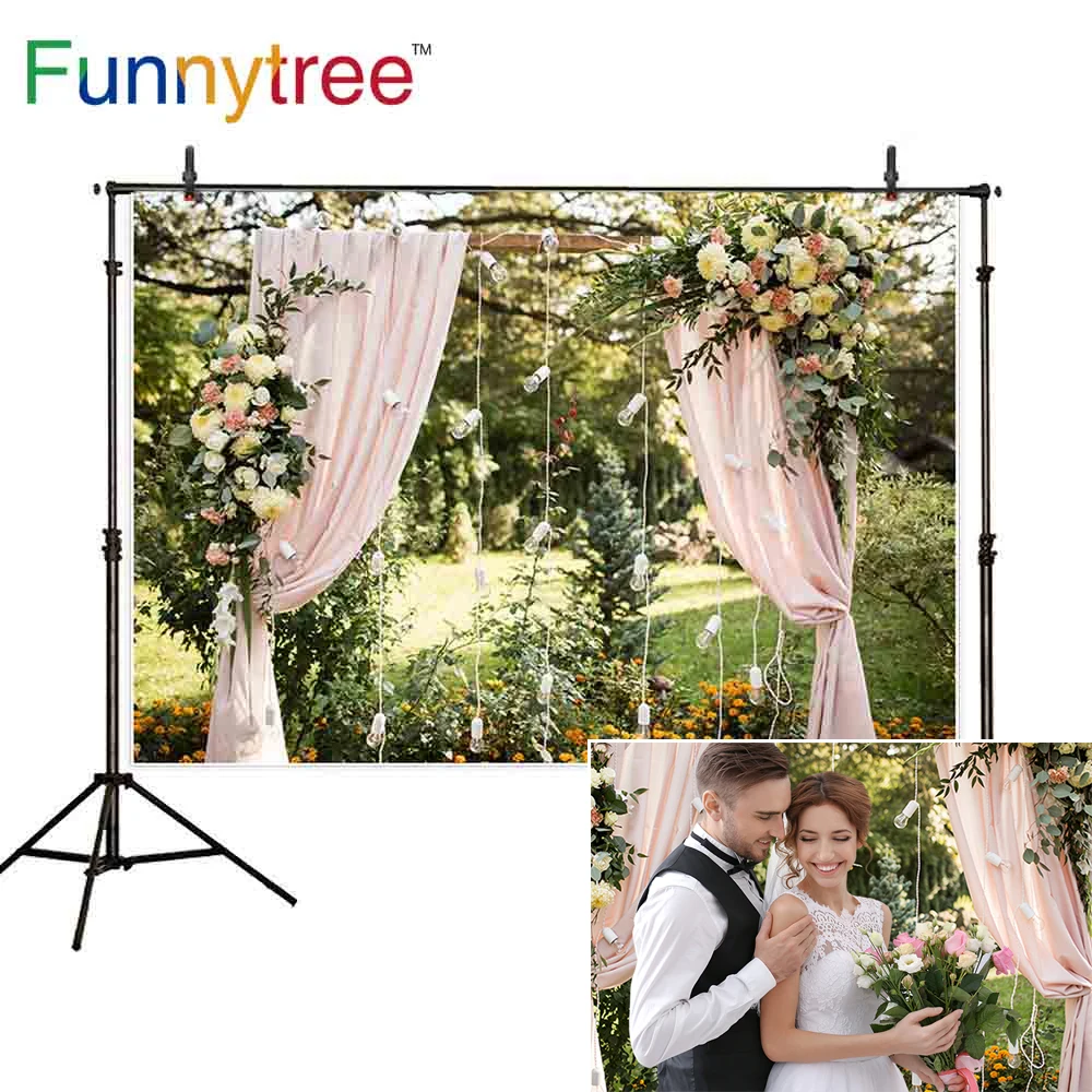 

Funnytree photophone backdrops nature Pink curtain light rose outdoor park wedding photocall background wallpaper photo studio