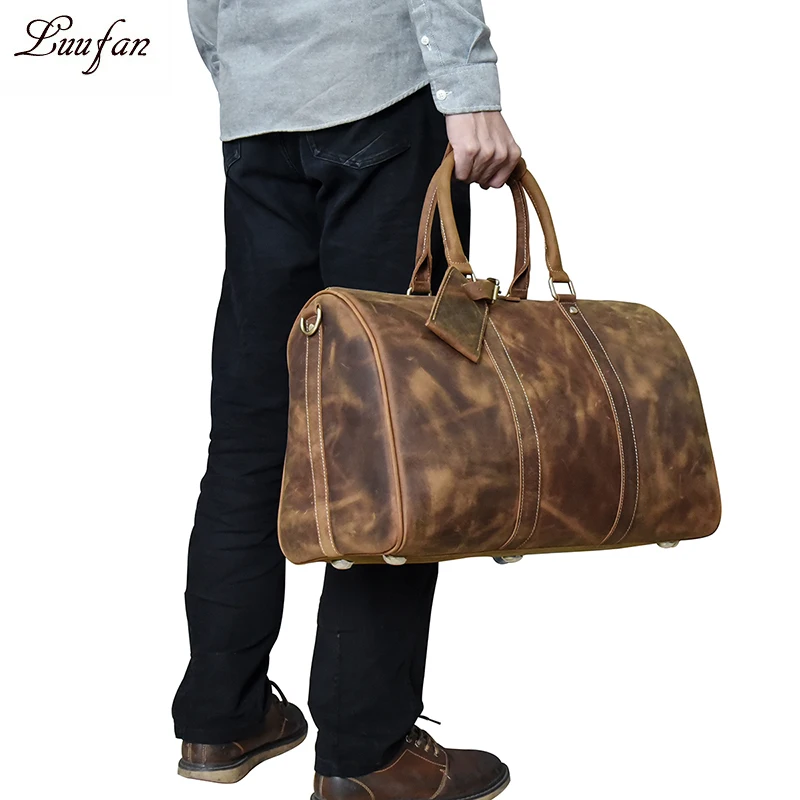 

Men's Vintage Crazy horse leather travel duffel 18" Brown genuine leather travel bag Durable cow leather Weekend bag big tote