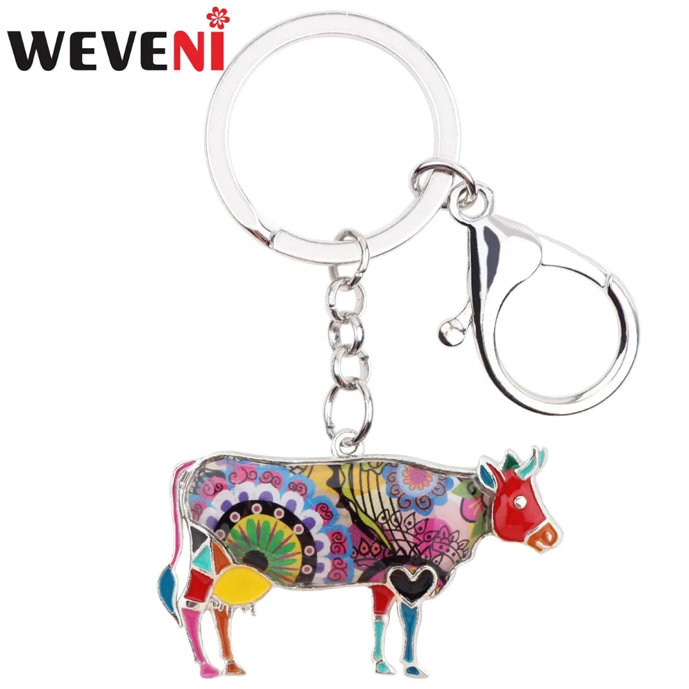 

WEVENI Enamel Metal Floral Cattle Bull Key Chain Key Ring Keychain Jewelry For Female Women Teens Keyring Car Farm Animal Bijoux