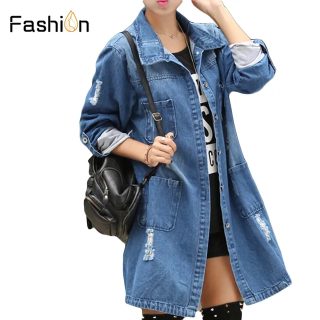 2018 Denim Jackets Women Hole Boyfriend Style Coats Long Sleeve Vintage Jeans Jacket Lady Loose Spring Autumn Coat Plus Size