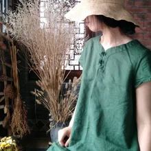 Дизайн стирки хлопок и лен Ретро Китайский Стиль Парадное, тонкое короткий рукав длинный Стиль Для женщин футболка D119