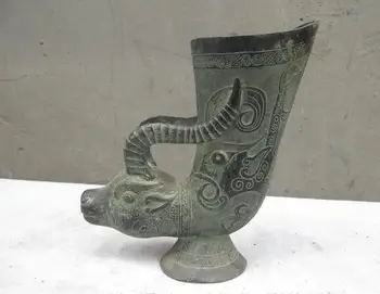 

Chinese Folk Classical Bronze Carved Ox horn Beast Wine cup statue