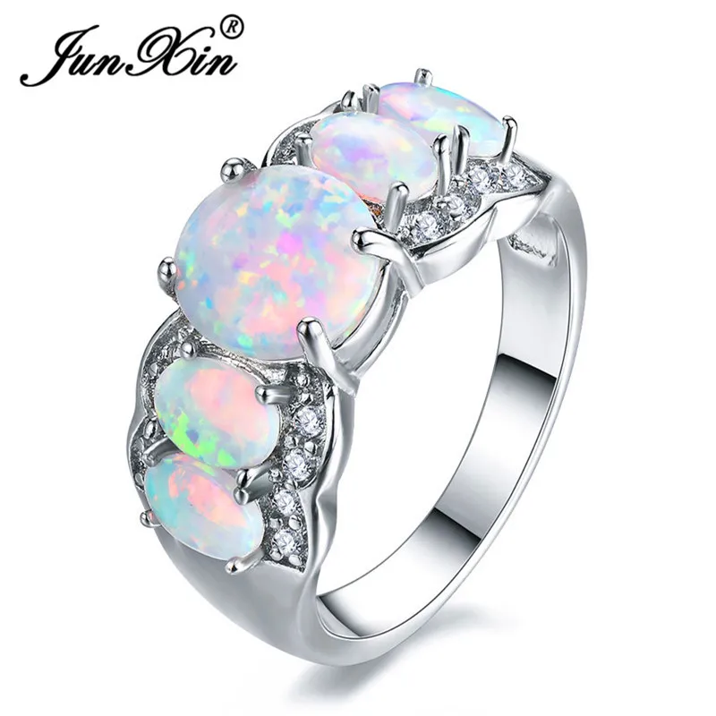 JUNXIN 925 Sterling Silver Luxury Big Oval Stone White Fire Opal Rings For Women Inlay Crystal Rainbow Birthstone Joint Ring