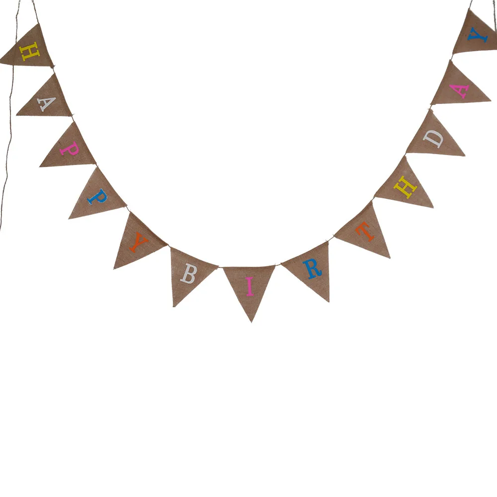 

3M Hanging Linen Jute Rope Colorful Happy Birthday Flax Burlap Banners Paper Board Bunting Flag Pennant Birthday Party Decors