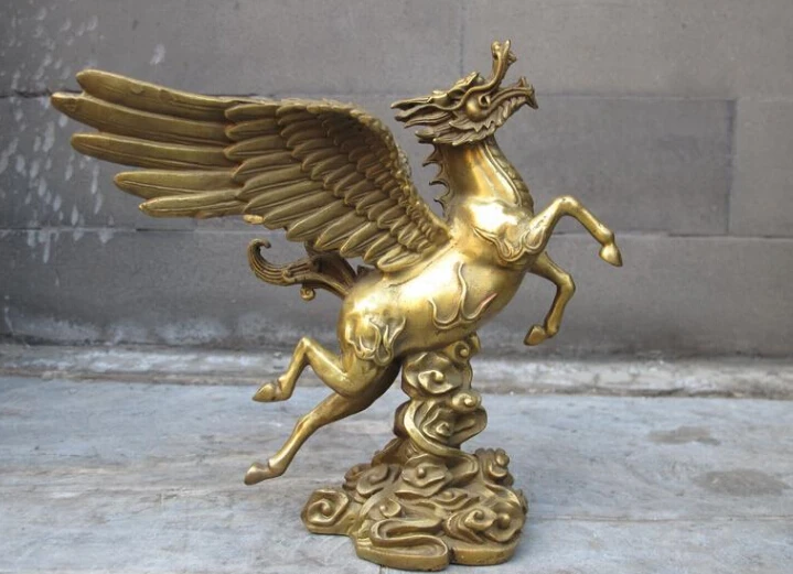 

8" Chinese Feng Shui Pure Brass dragon head fly horse body auspicious statue
