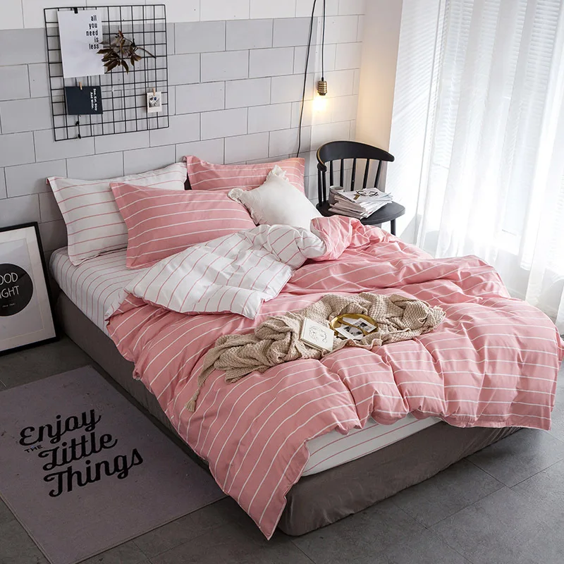 

COMFEEL 4 Pcs of Beding Set Quilt Duvet Cover Flat Sheet Pillow Case Comfortable Cotton Bed Clothing Sets Printed Simple Lines