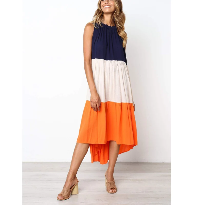 

Women Summer Dresses Color Block Short Front Long Back Bohemian Sleeveless A-Line Beach Dress Pleated Casual Female Sundress
