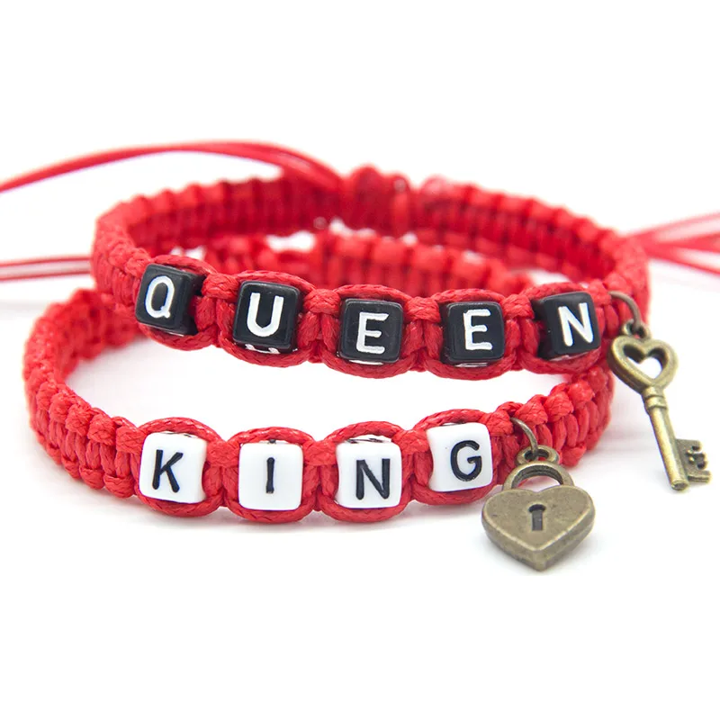 2 шт./пара искусственный пара Браслеты с блестящим красным Beadeds King queen с замком веревки цепи для влюбленных парень девушка подарки