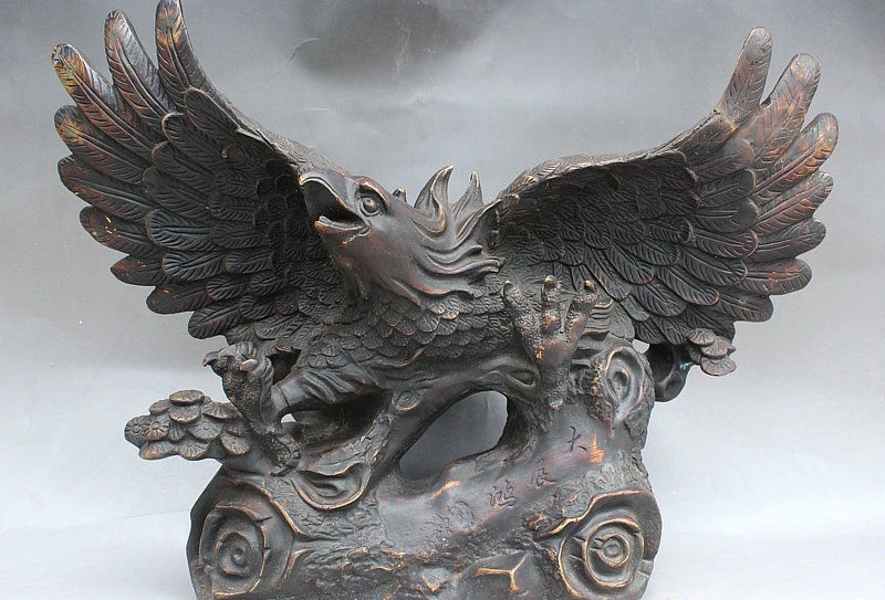

19" Old China FengShui Palace Bronze Success DaPeng Open Wings Eagle Hawk Statue