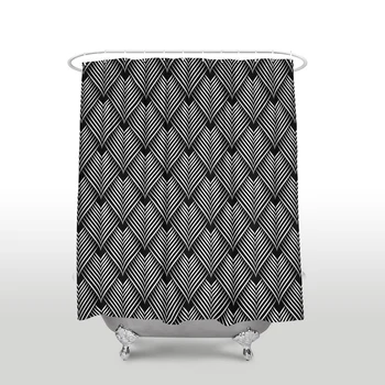 

New Waterproof Simple Geometric Feather Printed Shower Curtain Polyester Fabric Black Bathroom Curtains for Home Decorations