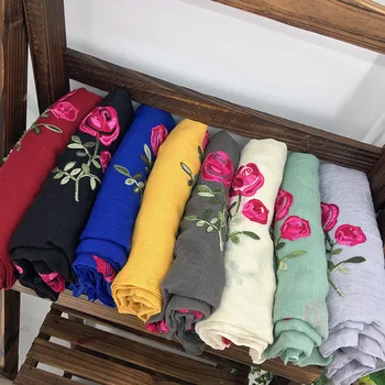 

20 pcs/lot Embroidered Scarf Womens Cotton Scarves Rose Flower Embroidery Scarf Muslin Viscose Hijab Foulard Femme