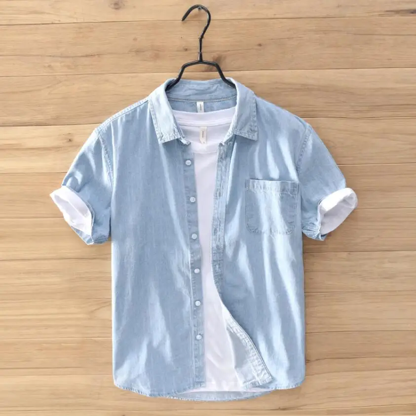 Новинка, летняя джинсовая рубашка, повседневная мужская рубашка с короткими рукавами, тонкая, дышащая, классная гавайская рубашка высокого качества - Цвет: light blue