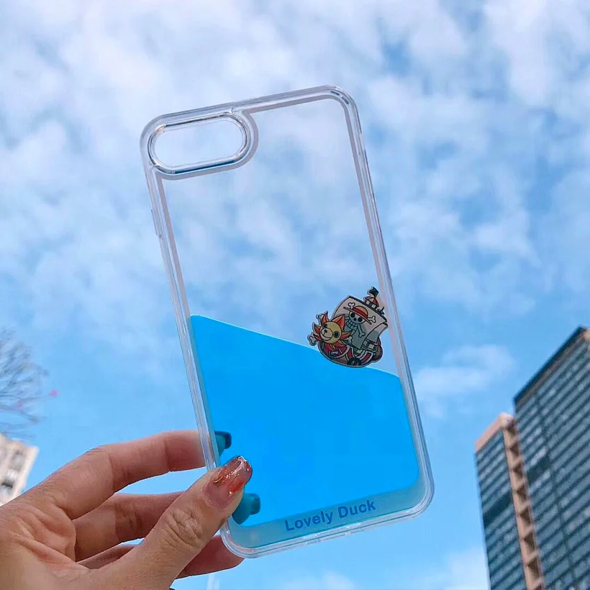 

3D Clear Flowing Liquid Swimming pirates ship Back Cover For iPhone 7 Cute Yellow Duck Case For iPhone X 8 6 6S Plus 7 Plus