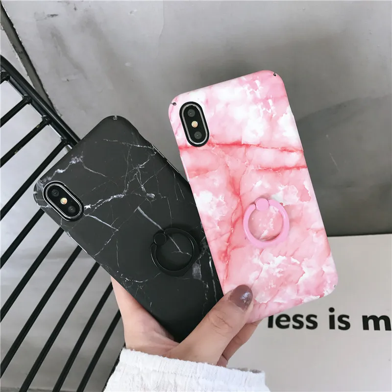 

Fitted Case use for iPhone 6 6s Plus 7 8 Plus X Xr Xs Max Marble Pink Red Black patterned Hard PC shell with finger ring Holder