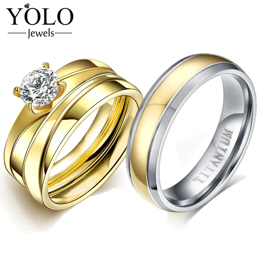 

Gold Color Stainless Steel Couple Promise Rings Cubic Zirconia Ring Set for Girls Suitable for Wedding and Engagement Love Gift