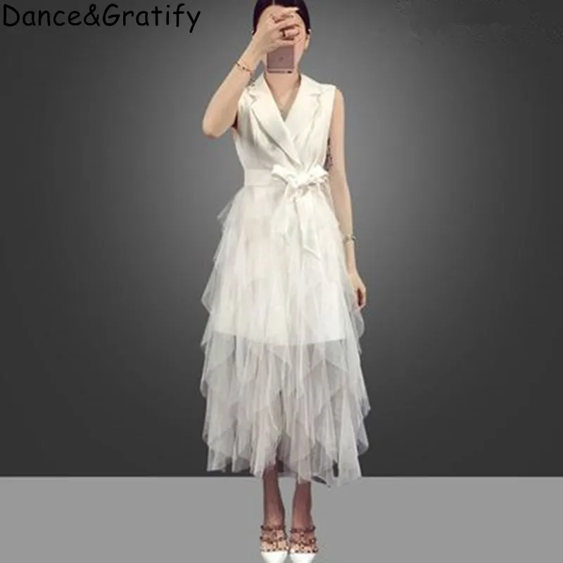 

New 2019 Summer Runway Long Party Dress Women's Notched Collar Blazer Vest Office Work Mesh Patchwork Layer Ruffles Tulle Dress
