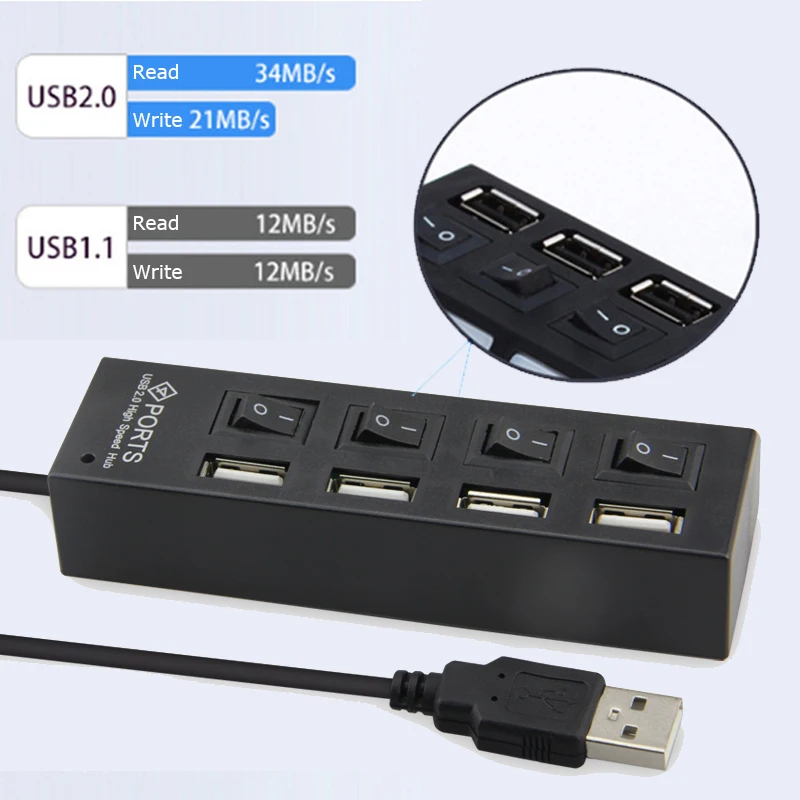 USB 2,0 концентратор Мульти USB порт скорость 480 Мбит/с хаб 4 порта концентратор с вкл/выкл. Переключатель USB разветвитель для ПК Компьютерные аксессуары usb концентратор