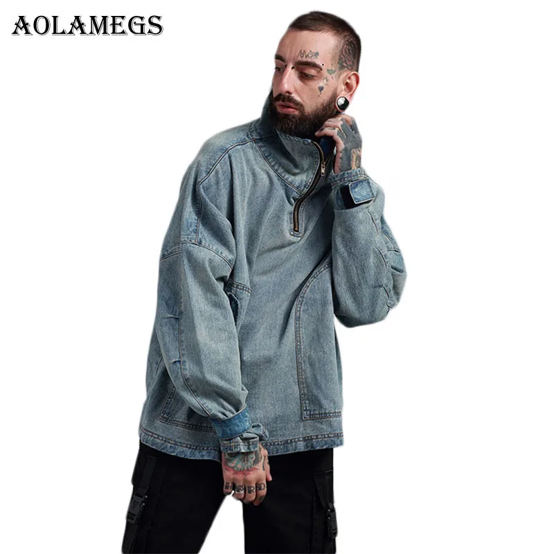 

Aolamegs Denim Jacket Men Hanging Shoulder OVERSIZE Cowboy Casual Men's Jacket High Street Fashion Stand Collar Outwear Men Coat