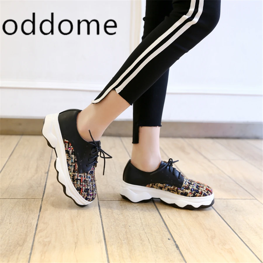 

New Fashion Lady Costume tweed Casual Shoes Women Sneaker Black Leisure Thick Soled Shoes Flats Cross-tied Lace Up Girls Shoes