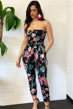 

2019 Spring And Summer Strapless Off Shoulder Sleeveless Backless Pants Jumpsuits Print Psckets Slim Nightclub Female Playsuits