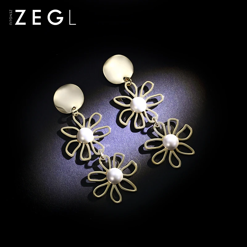 

ZEGL European and American flower earrings female long petal earrings temperament Korean personality tide exaggerated earrings