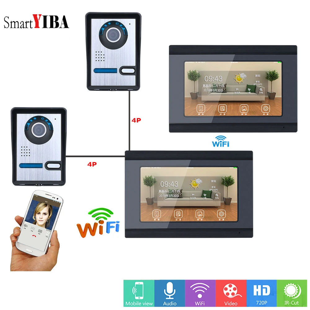 Best SmartYIBA WIFI Door Bell Ring Alarm Video Door Phone Intercom 2 Doorbell Camera+2 Monitors APP Control Wireless Home Intercom