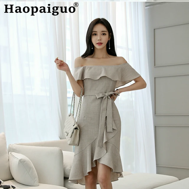 Best Offers Plus Size Slash Neck Ruffles Women's Asymmetric Dresses with Bow Khaki Dresses Woman Party Night Summer Clothes for Women Jurken
