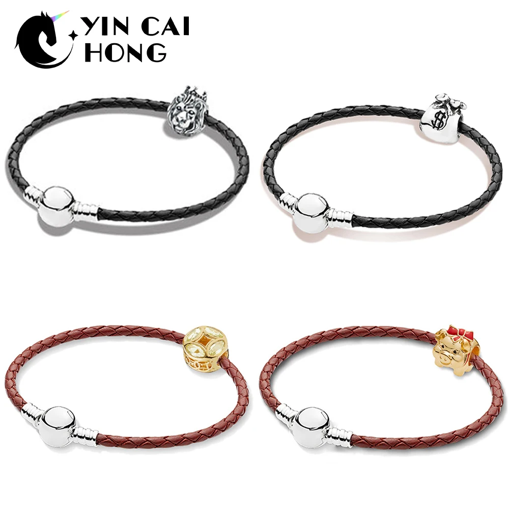 

YCH 100% 925 Sterling Silver 1:1 SHINE PIGGY BANK Good Fortune Coin Money Bag Lion Head Beads Braided Leather Bracelet Set