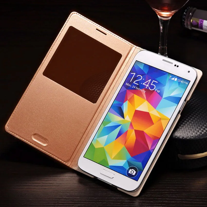 Smart View Auto Sleep Wake Function With Chip Leather Case Flip Cover Holster For Samsung Galaxy S5 I9600 G900 G900F G900H G900M