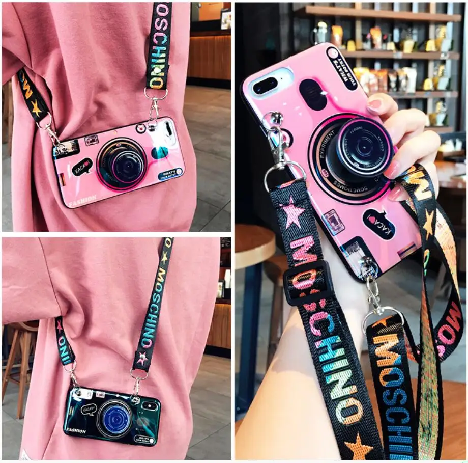 

3D Retro Camera lanyard Case For Iphone 8 7 Plus X 6S 6Plus for iphone6 5 5s SEFashion Grip Stand Holder Silicone Phone Case