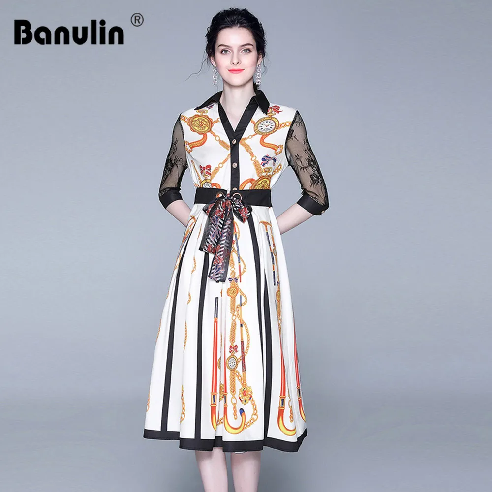 

2019 Newest Designer Runway Summer Dress Summer Women's V-Neck Half Sleeve Patchwork Lace Floral Printed Slim Dress vestidos