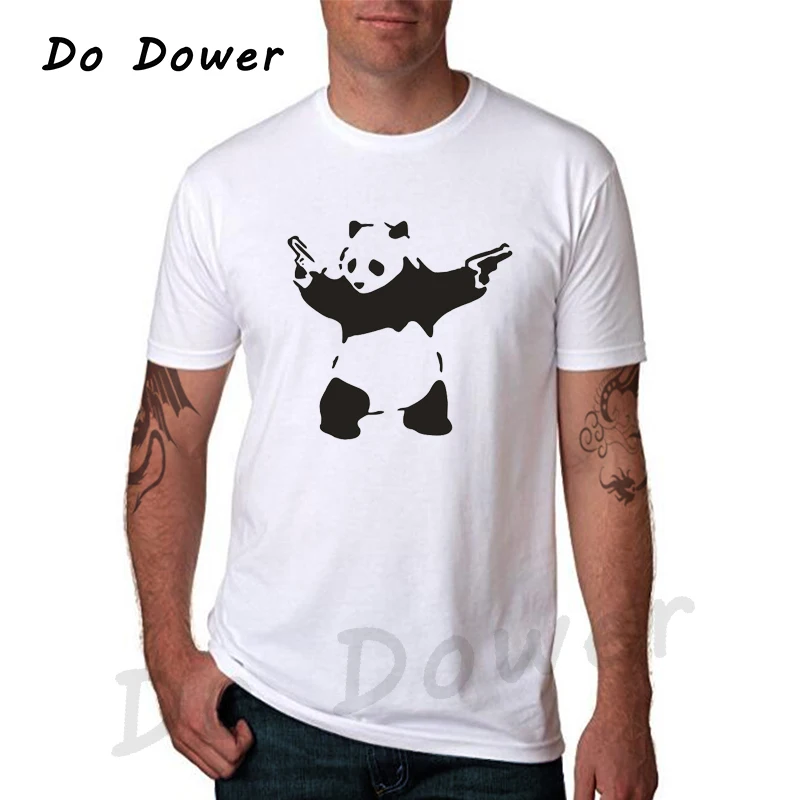 

2018 New Summer Cartoon Design Banksy Panda Guns T Shirt Men Casual Cotton Print Short Sleeve Funny Panda T-shirts Lovely Top