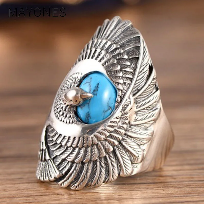 

100% Real 925 Sterling Silver Ring with Natural Turquoises Hand Carved Eagle Wings Rings for Unisex Thai Silver Jewelry