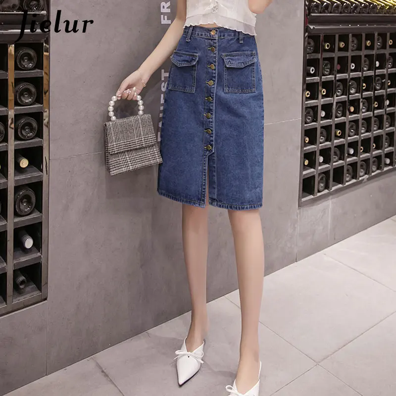 Jielur Korean Fashion High Waist Skirt Plus Size Buttons Pockets Classic Jeans Skirt for Women S-5XL Elegant Jupe Femme Dropship Skirts