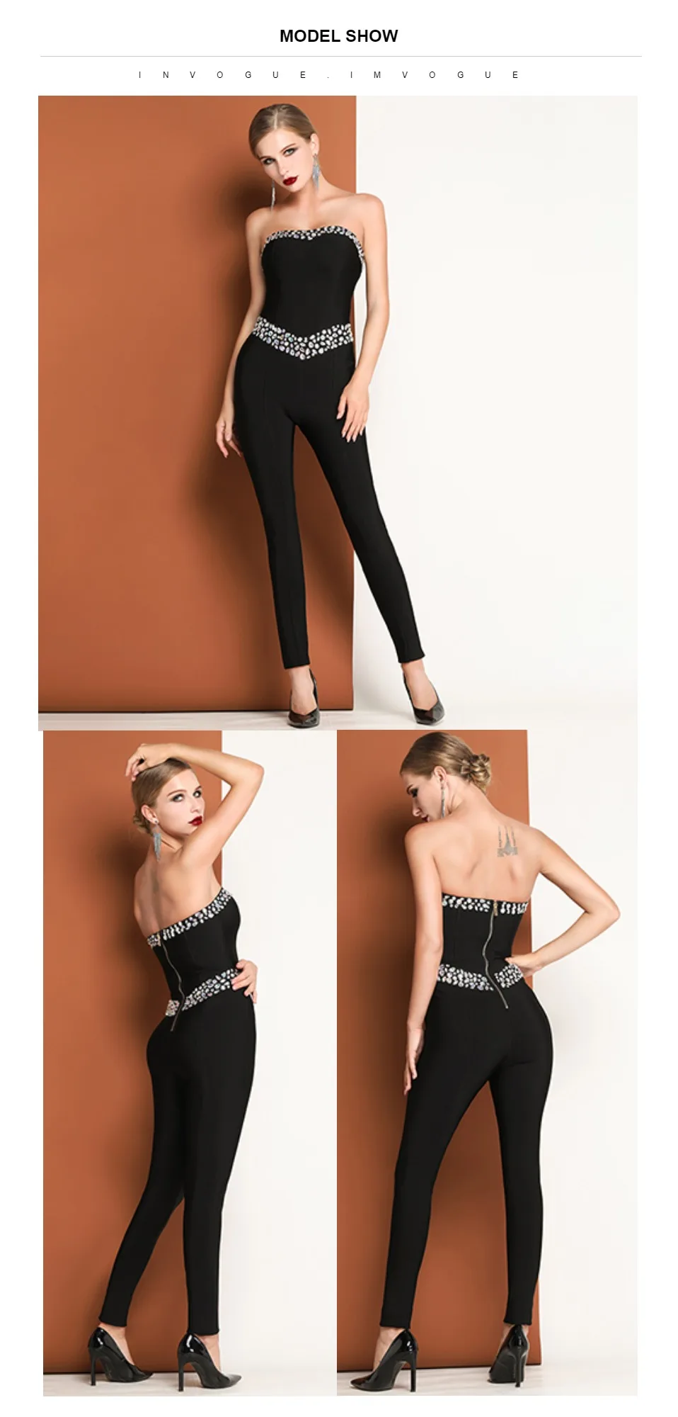 INVOGUE. IMVOGUE New Arrival Elegant Diamonds Design Sexy Off The Shoulder Backless Black Sleeveless Bodycon Tube Jumpsuit