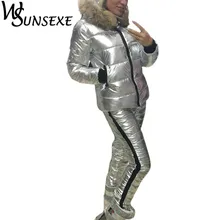 Winter Warm 2 Piece Sets Metal Silver Jacket Suits Women Fur Hooded Zipper Cotton Padded Coat Parka and Long Pants New Outerwear Winter Warm 2 Piece Sets Metal Silver Jacket Suits Women Fur Hooded Zipper Cotton Padded Coat Parka and Long Pants New Outerwear