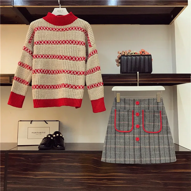 CBAFU M-4XL размера плюс 2 шт набор длинный рукав полосатый свитер пуловер твид А-силуэт юбка костюм женский комплект осень зима P059