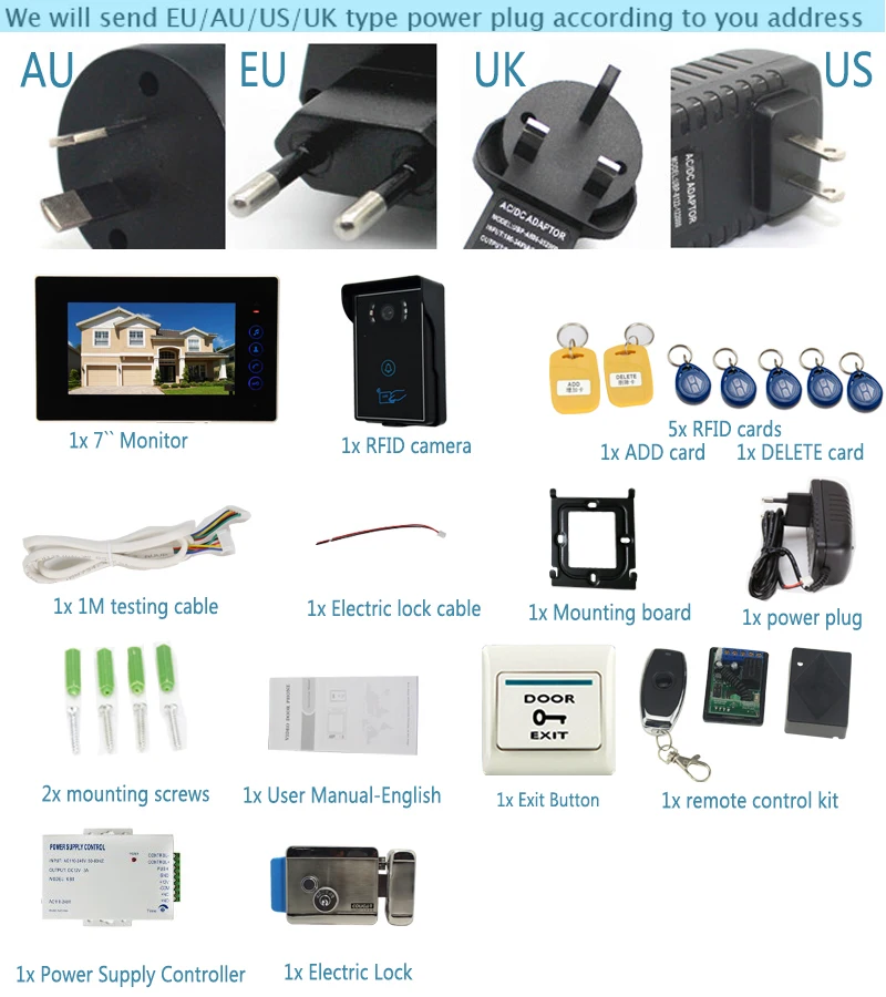 JEX проводной 7 дюймов ЖК-дисплей видео домофона домофон комплект RFID водонепроницаемый сенсорный клавиша камеры + электронного управления