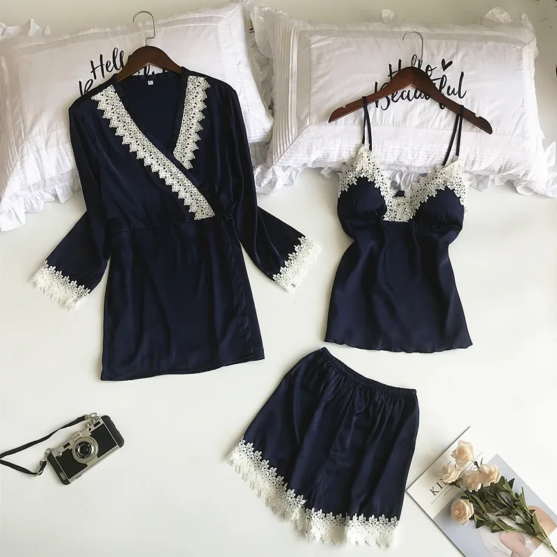 Queenral 3PCS Women's Pajamas Sets Sexy Silk Satin Pyjama Set Sleepwear Spring Home Wear Nightwear Female Sleep Lounge Pijama 22