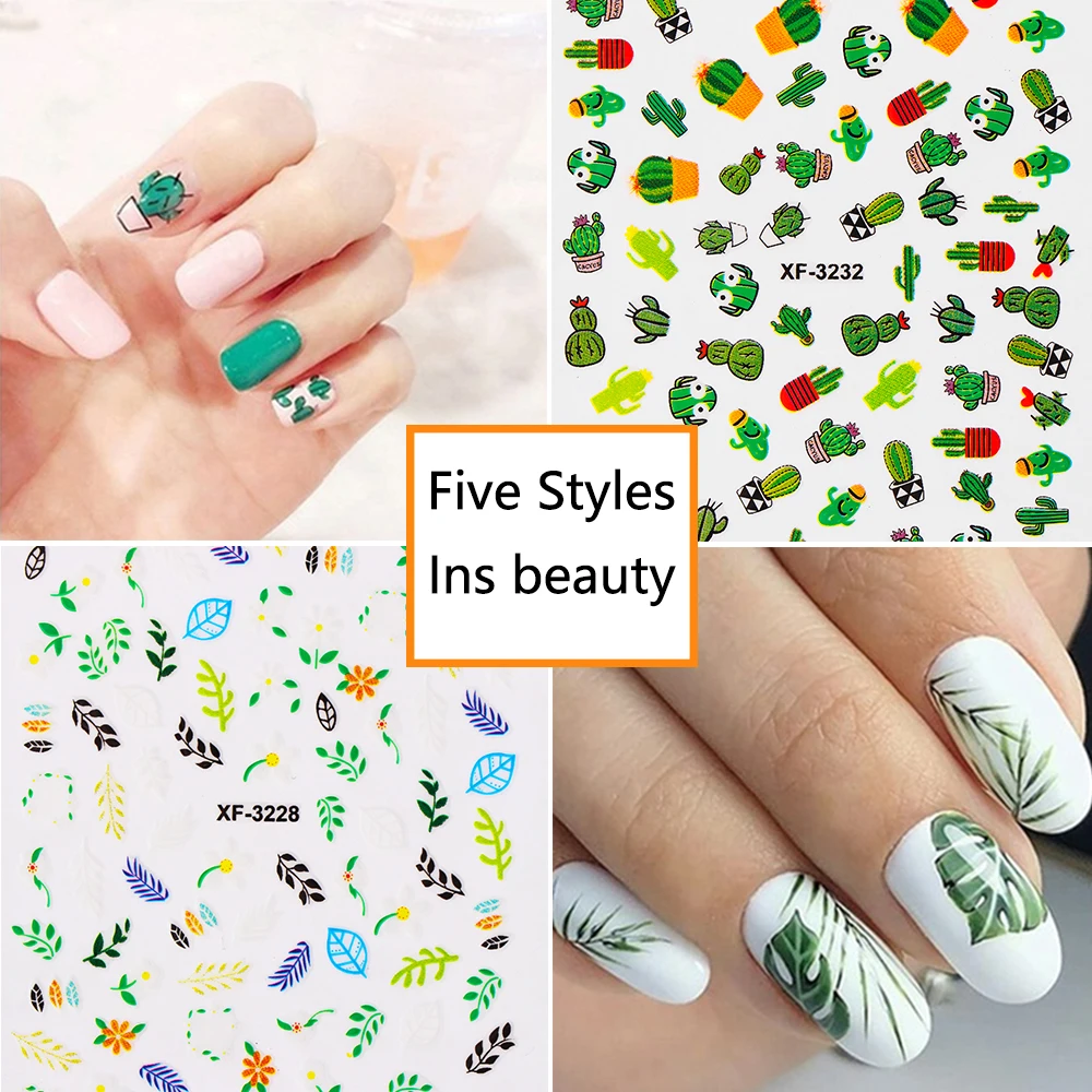 

5 Styles Nail Art Stickers Flower One Line Cactus Avocado Watermark Transfer Nail Decals Flora Nail Beauty Summer Manicure Stick