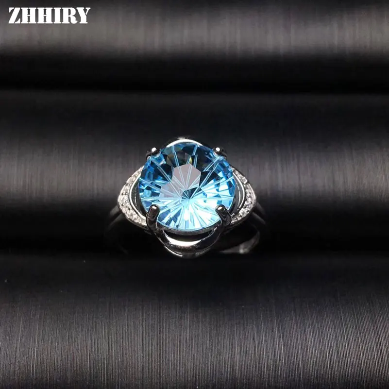 ZHHIRY Настоящее натуральное фейерверк Голубой топаз кольцо для женщин 925 пробы серебряные драгоценные камни кольца ювелирные украшения
