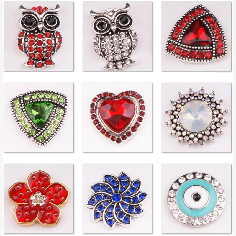 

XH8462 owl love flower Crystal 18mm Metal Snap button fit snap jewelry DIY
