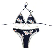 Womens Sexy Two Piece Bikini Set Boho Floral Printed Crochet Braided Trim Swimsuit Seashell Beaded Tassels Decor Halter V-Neck B braided strap detail floral bikini set