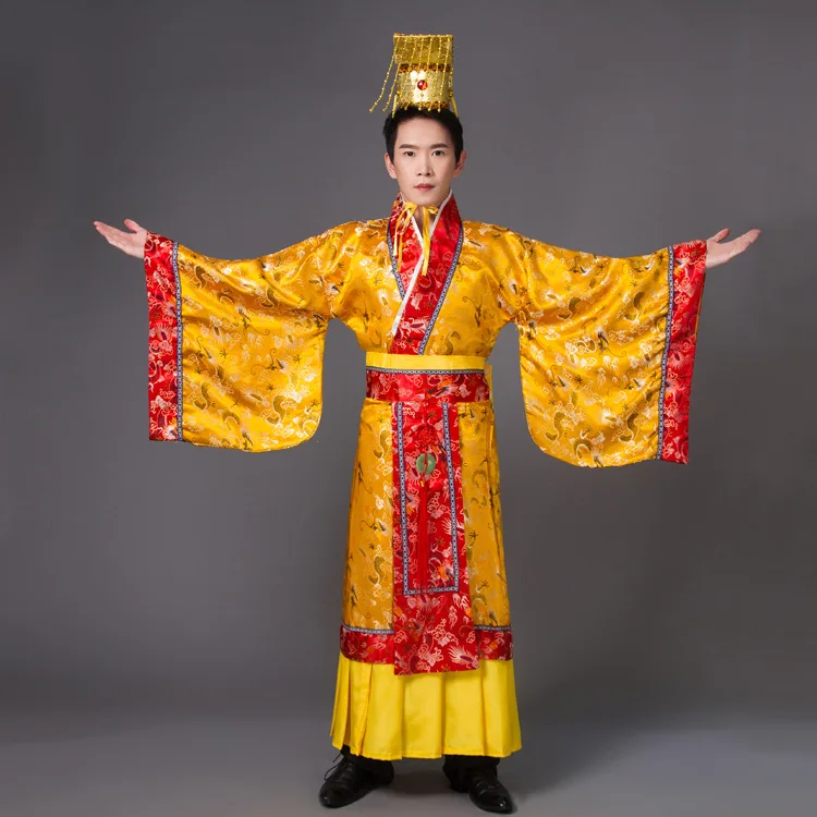 Костюм для взрослых китайский Hanfu платье мужской император король сценические костюмы костюм Тан халат+ шляпа комплект