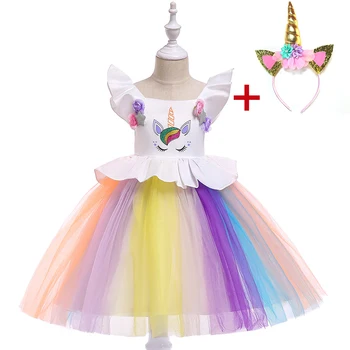 

Unicorn Girls Dress Rainbow Tutu Dream Cosplay Elsa Costumes Summer Wedding Dresses For Kids Dresses With Free Headband