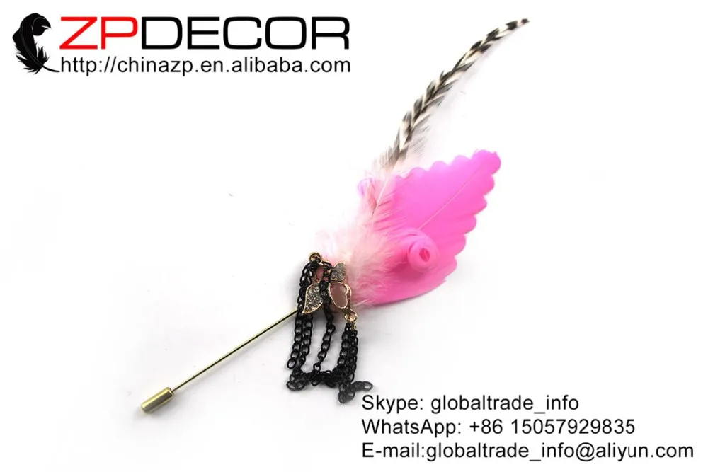 23_Pink black chain goose feather brooch (3)